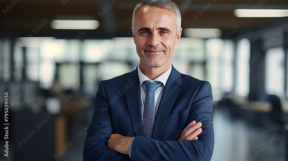middle aged businessman with arms crossed in office