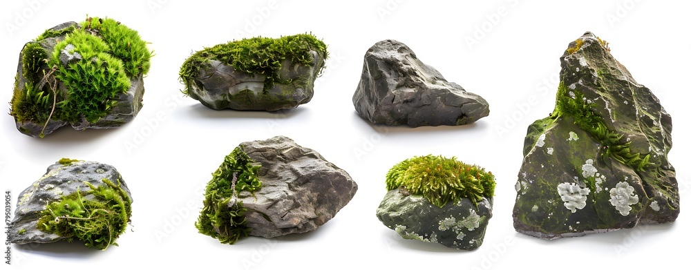Set of Moss-Covered Rocks in Natural Settings Isolated on White Background Set of Moss-Covered Rocks in Natural Settings Isolated on White Background