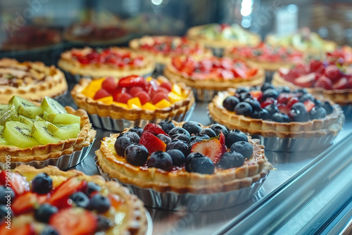 Elegant display of gourmet fruit tarts and savory quiches in a high-end patisserie, with a focus on the flaky crusts and vibrant fillings © xadartstudio