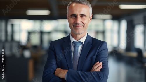 middle aged businessman with arms crossed in office