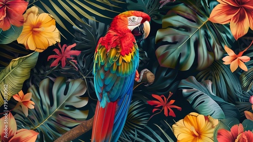 Tropical flowers and parrot seamless pattern on black background © EnelEva