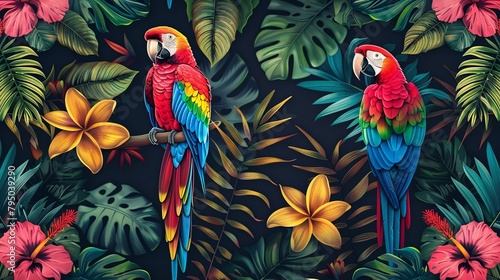 Tropical flowers and parrot seamless pattern on black background