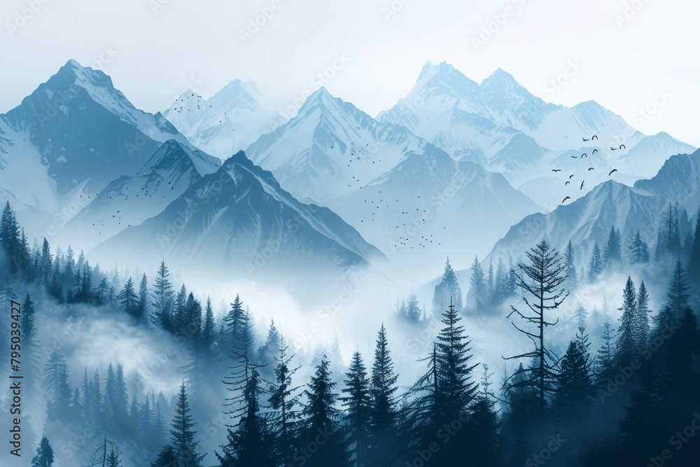 Landscape of misty mountains and pine trees