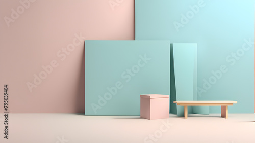 A blue and pink wall with a pink cube and a wooden bench in front of it © Jati
