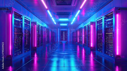 Quantum computer room with superconducting cables and neon lights