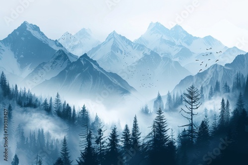 Landscape of misty mountains and pine trees © wpw