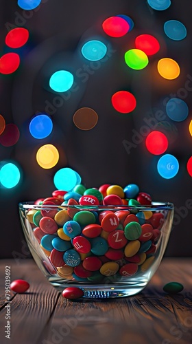 A glass bowl of colorful candy, bokeh lights in the background, bright colors, simple background © pvl0707