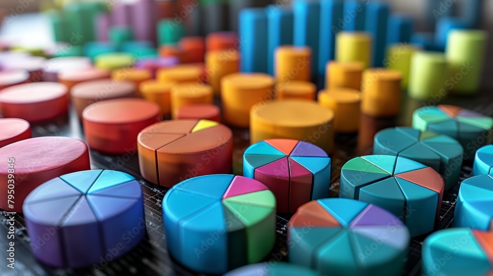3D render of colorful pie charts and bar graphs on a table 3D render of colorful pie charts and bar graphs on a table