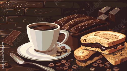 Fresh bread with chocolate paste and cup of coffee on