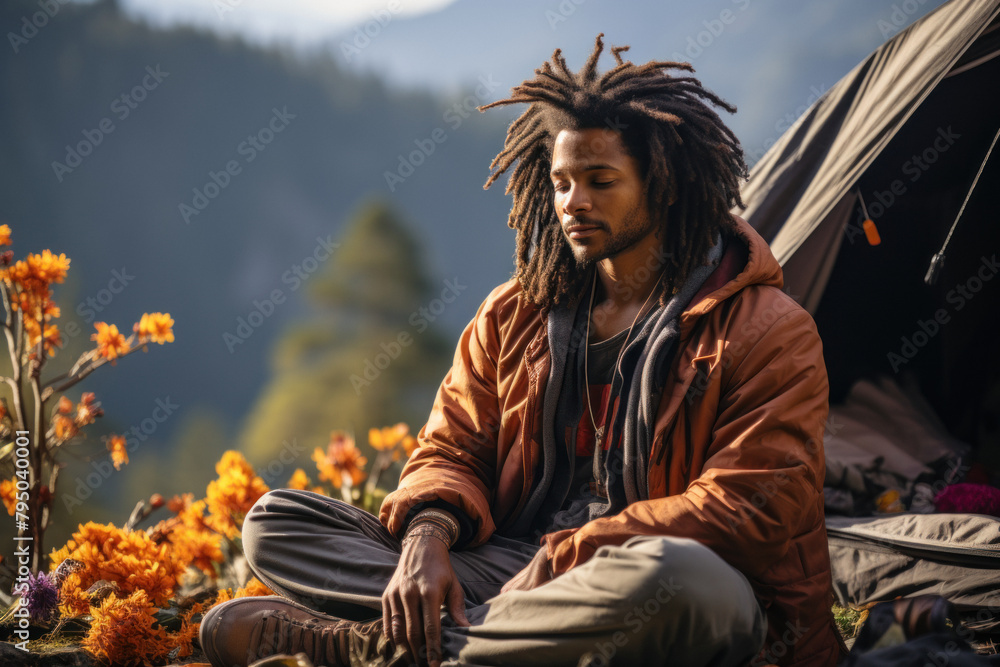 A young man sits cross-legged by a tent against a backdrop of mountains.