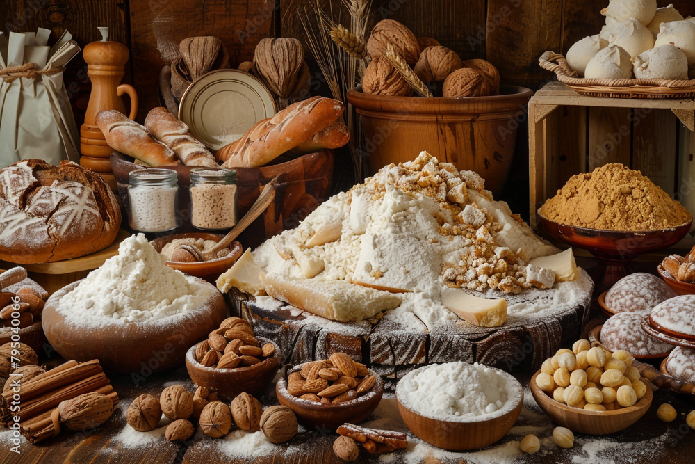 Elegant display of high-quality baking ingredients including vanilla beans, cocoa powder, and fresh fruits, ready for gourmet dessert creation Elegant display of high-quality baking ingredients including vanilla beans, cocoa powder, and fresh fruits, ready for gourmet dessert creation