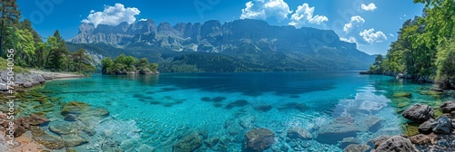 An idyllic panorama featuring mountains, a tranquil lake, and lush forests.