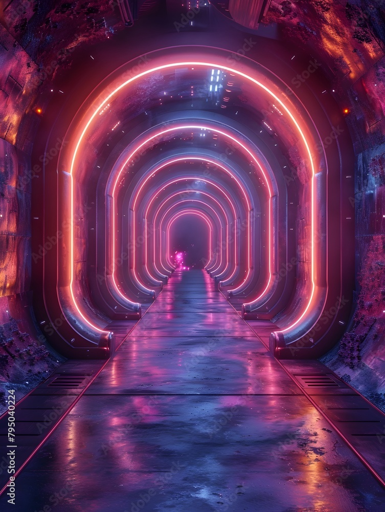 Luminous Metallic Sci-Fi Corridor with Grunge Ambiance and Neon Illumination