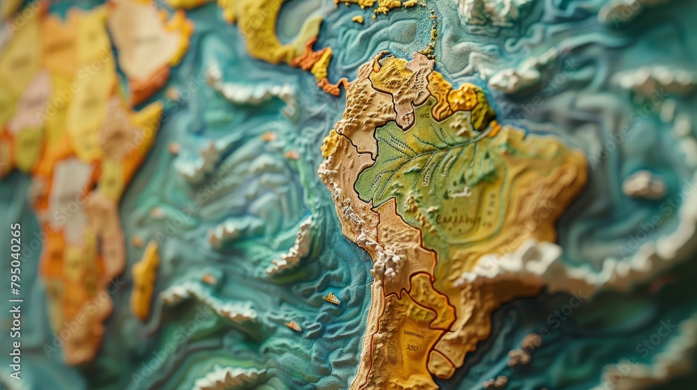 A 3D relief map of the world made of wood