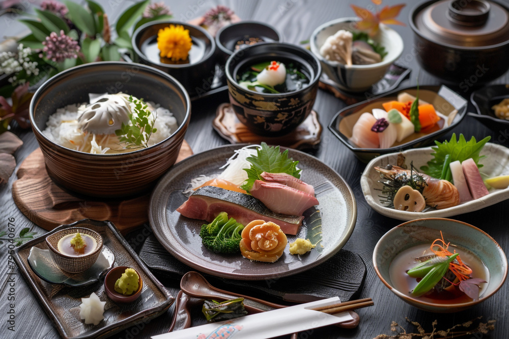 Elegant Japanese Kaiseki dinner seasonal ingredients minimalist setup Elegant Japanese Kaiseki dinner seasonal ingredients minimalist setup