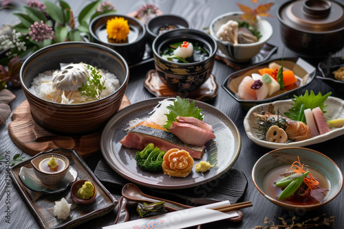 Elegant Japanese Kaiseki dinner seasonal ingredients minimalist setup