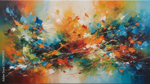 Abstract art depicting a dynamic explosion of floral elements. Colorful and expressive nature-inspired piece.