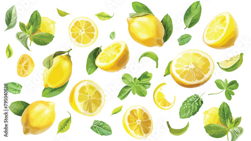 Fresh flying lemons and mint leaves isolated on white © Mishab