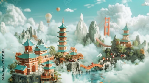 A beautiful landscape with a pagoda, a bridge and a hot air balloon in the sky