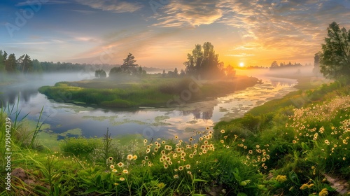 panorama of a summer landscape with sunrise, fog and the river photo
