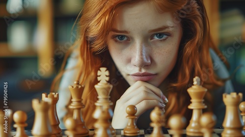 a Russian white girl with red hair thinking and looking at Chessboard Pieces