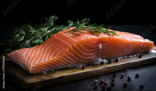 Raw salmon fish fillet with culinary ingredients, herbs and lemon on black background © missty