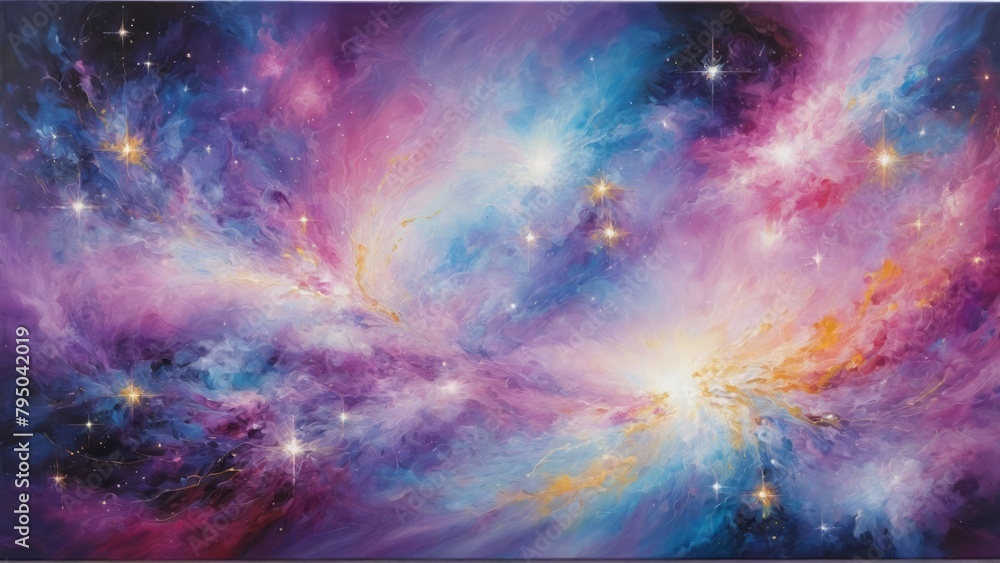Abstract canvas depicting a galactic nebula in vivid colors. Cosmic beauty and interstellar clouds.