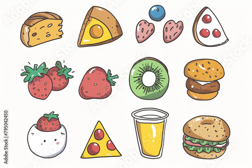 A set of food items drawn in a cartoon style, including pizza, sandwiches