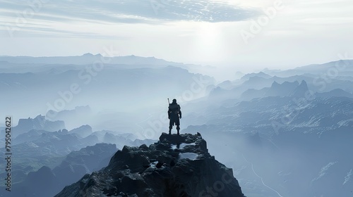 Chronos, the Greek god of time, standing tall on a mountain peak, overlooking a vast valley, misty weather, 3D render, spotlight, silhouette lighting, Point-of-view shot photo