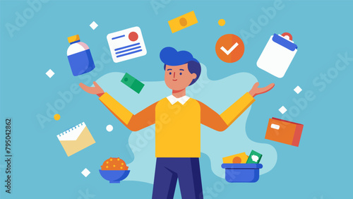 A person juggling different bills with labels like Rent Groceries and Gas in an attempt to manage expenses and avoid overdrafts.