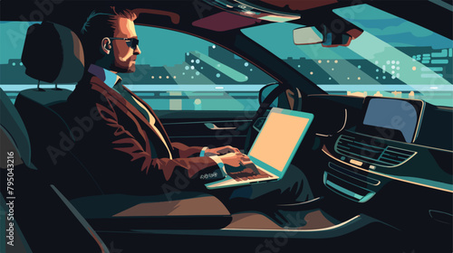 Successful businessman with laptop in modern car vector photo