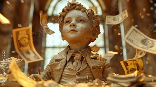 A golden boy sits on a pile of money. photo