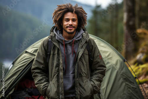 Happy on the background of an unfolded tent.