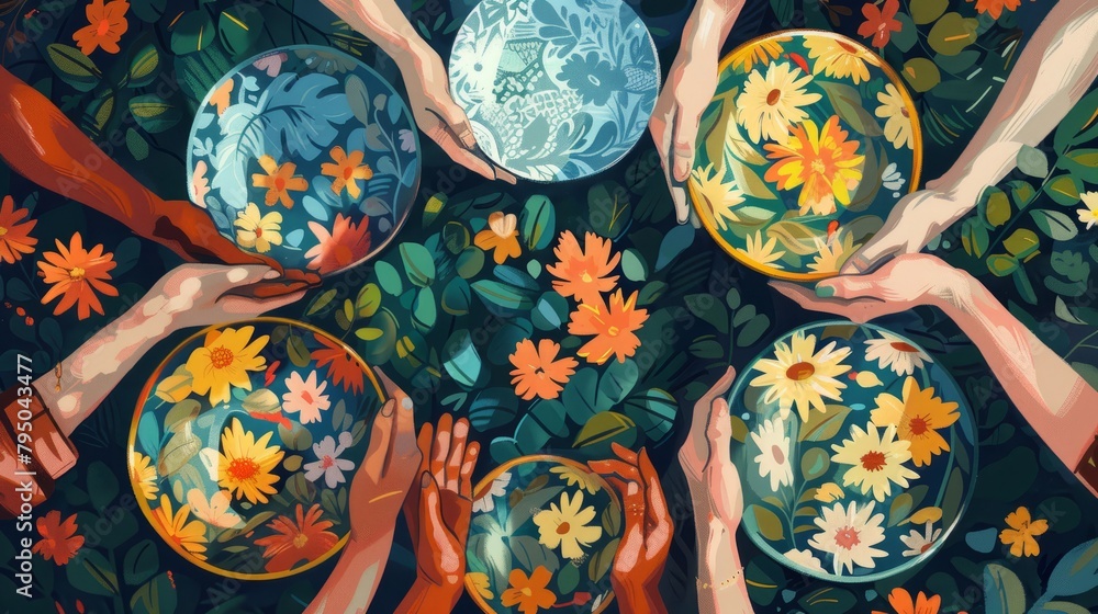 A group of diverse hands holding plates with floral designs, set against a backdrop of green leaves and flowers. A group of diverse hands holding plates with floral designs, set against a backdrop of green leaves and flowers.