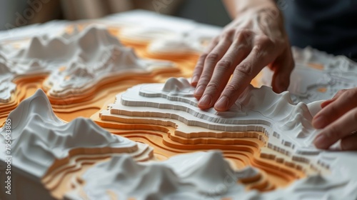 A hand touching a 3D printed map.
