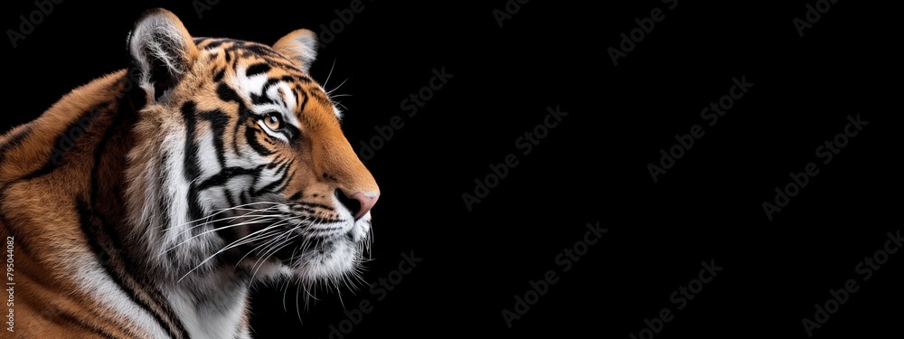 A tiger isolated on a black background, wide horizontal panoramic banner , copy space.