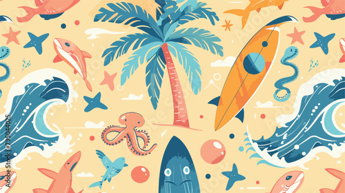 Summer seamless pattern design.Palm tree surfboard sh