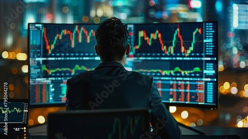 A man in a suit is looking at a lot of stock market data on a computer screen.