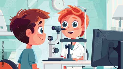 Surprised little boy undergoing eye test in clinic vector