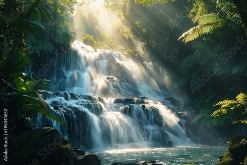 Enchanting Tropical Waterfall Illuminated by Sunbeams