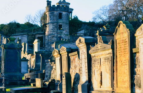 Tombs and graves at the Old Calton Burial Ground in Edinburgh,  Scotland