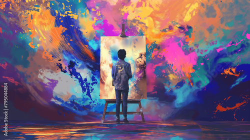 A man stands in front of a painting that is full of colors and splatters photo