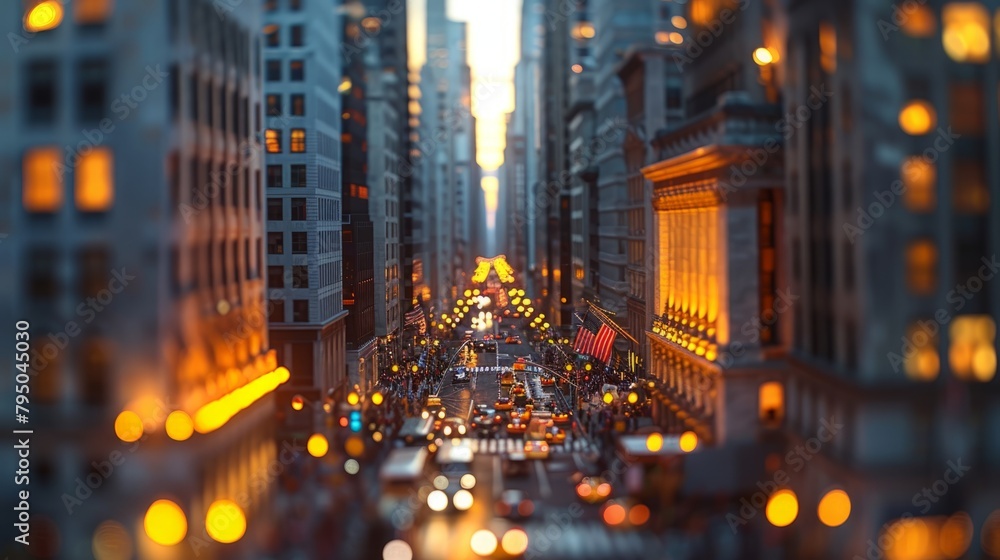 A photo of a busy city street with cars, people, and buildings. The image is taken from a high angle and the foreground is blurred.