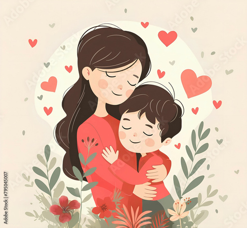 MOTHER AND SON MOTHER'S DAY FLOWERS ILLUSTRATION (ID: 795045007)