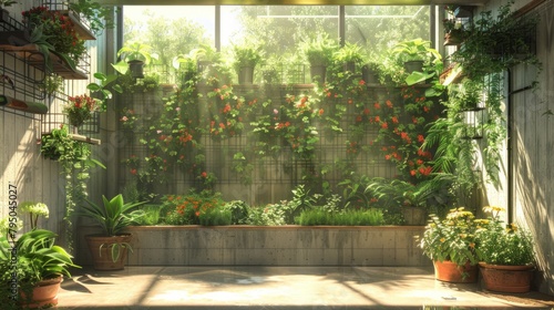 A photo of a lush atrium with a green wall, potted plants, and sunlight streaming through the windows.