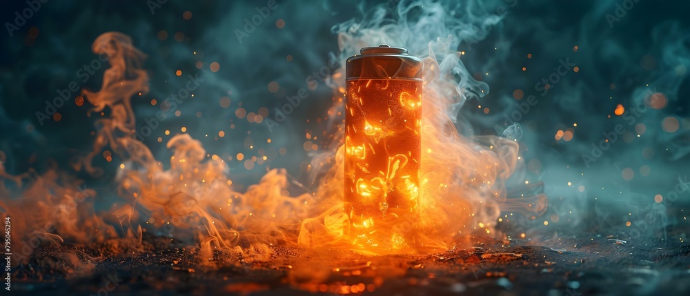 Lithium Battery Explosion Caused by Overheating Raises Safety Concerns. Concept Lithium Battery Safety, Overheating Risks, Explosion Concerns Lithium Battery Explosion Caused by Overheating Raises Safety Concerns. Concept Lithium Battery Safety, Overheating Risks, Explosion Concerns