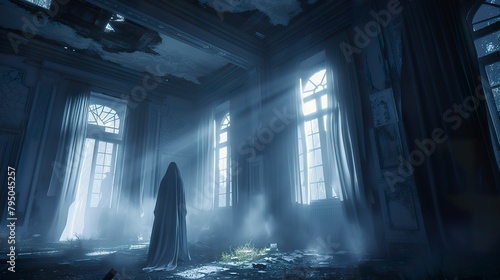 Ethereal ghostly figure lurking in abandoned mansion photo