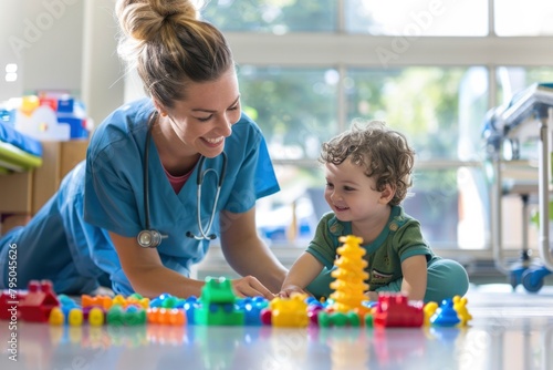 Pediatric Nurse Playing with Happy Toddler in Hospital Playroom