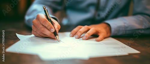 Two people at table finalizing loan payment through legal documents. Concept Loan Settlement, Legal Documents, Financial Agreement, Two People, Table Meeting photo