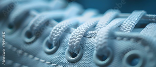 Closeup image of white shoelaces being tied adds realism to runners preparation. Concept Running Gear, Shoelaces, Preparation, Close-Up Shot, Realism photo